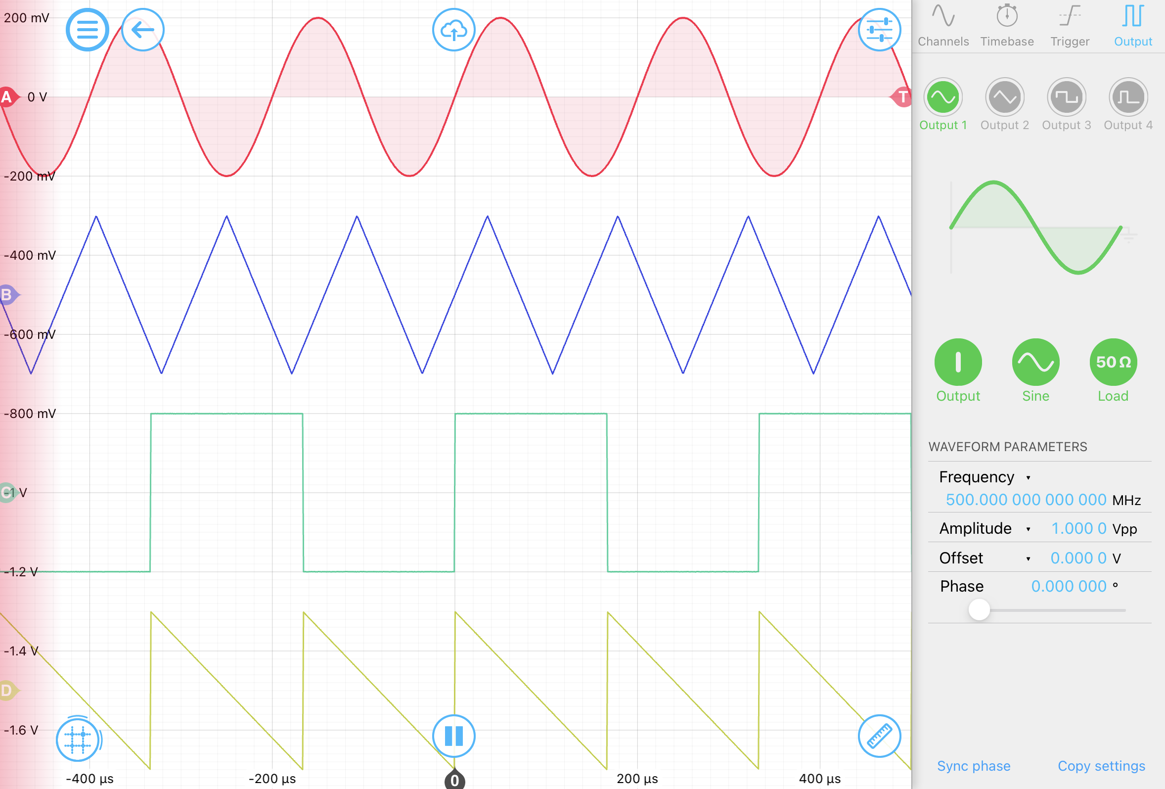 Moku:Pro Oscilloscope iPad interface with four channels and the integrated Waveform Generator.