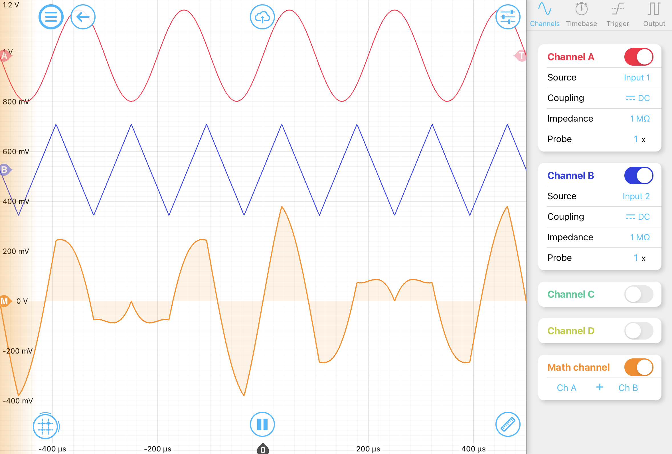 Moku:Pro Oscilloscope math channel display on the iPad interface.