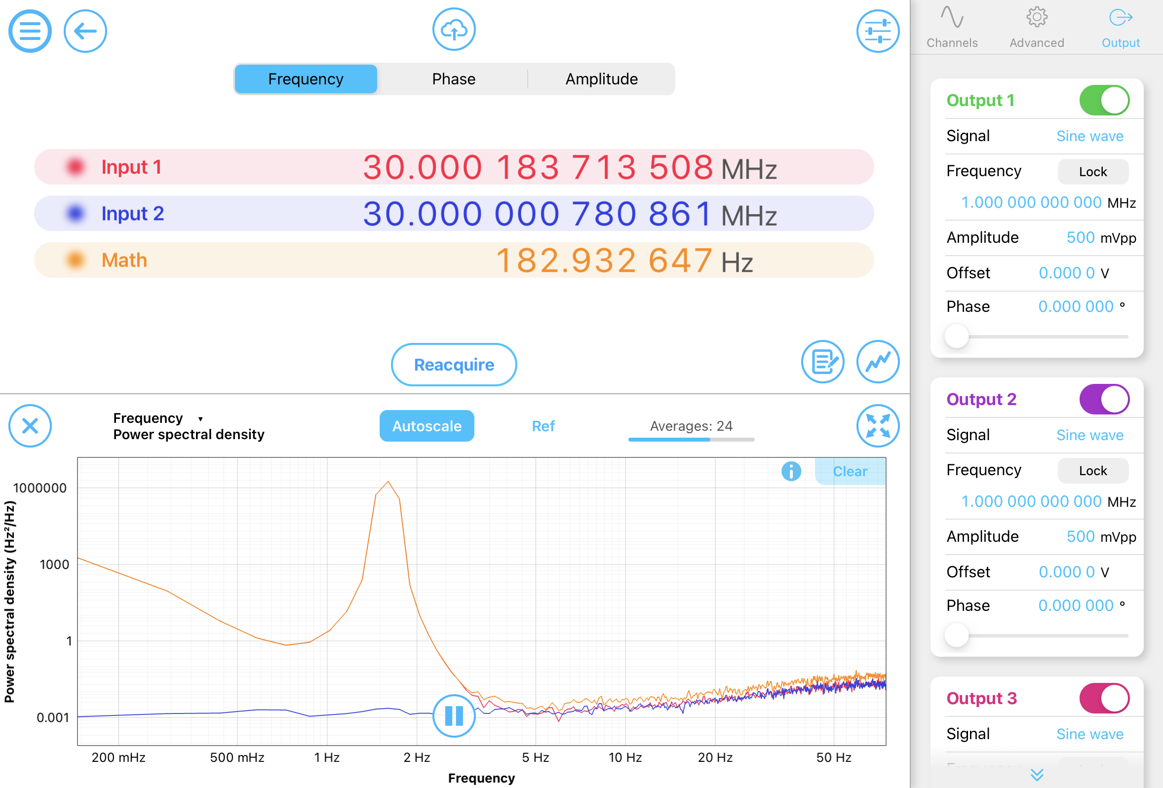 Phasemeter Power Spectral Density display on the Moku:Pro iPad display.