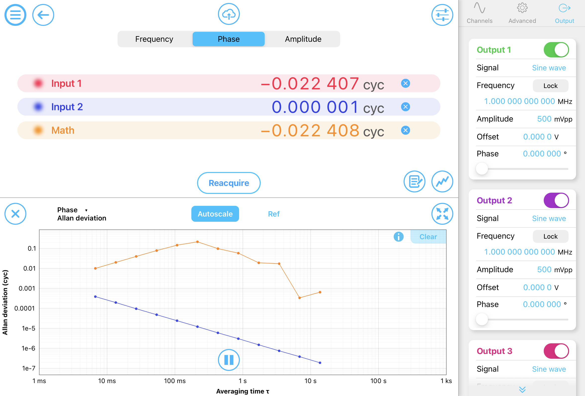 IPad interface of Moku:Pro Phasemeter.