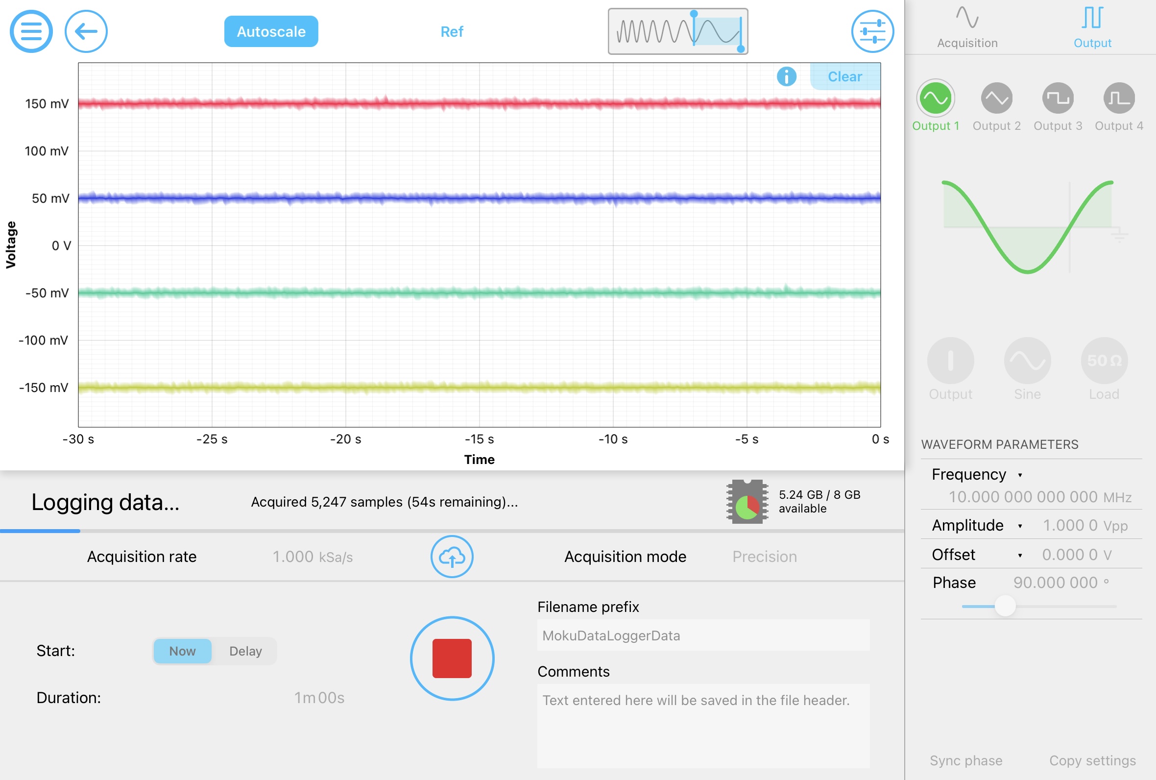 Data Logger on Moku:Pro with Waveform Generator.